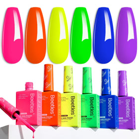 Beetles Gel Polish front packaging showing six neon bottles and vibrant colors for instant shade selection