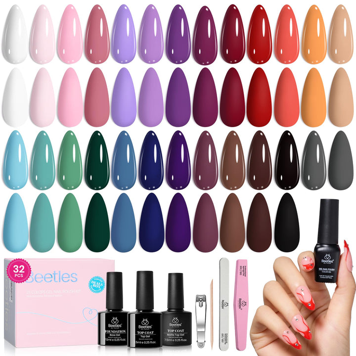 Beetles front display of 25 colorful gel polish bottles showing selection and convenience