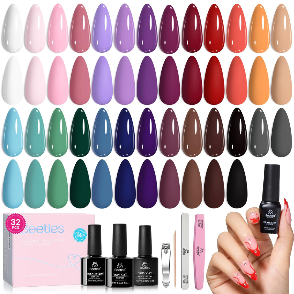 Beetles front display of 25 colorful gel polish bottles showing selection and convenience
