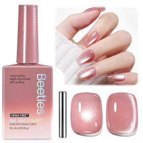 beetles front bottle showing rose-pink cat eye shade and brand appeal