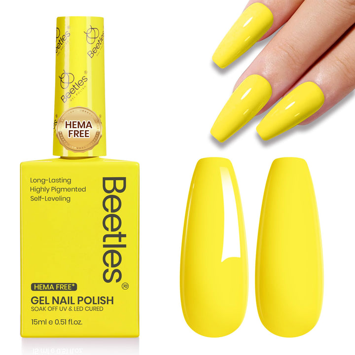 beetles gel polish bottle front showing bright yellow shade and glossy finish