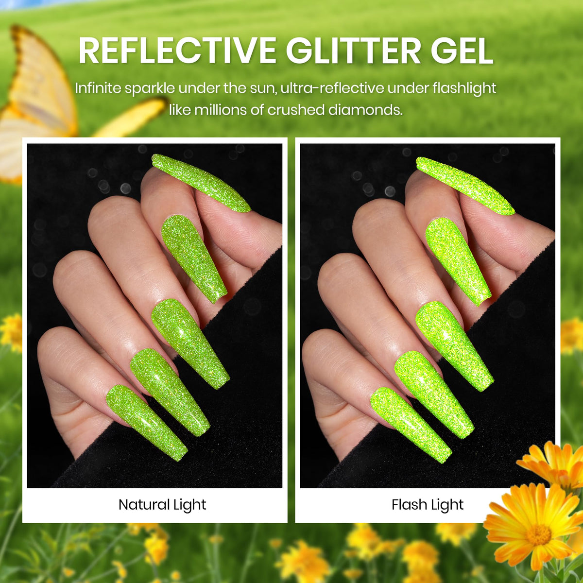 beetles yellow jelly and foil flake polish layered to show translucent summer color options