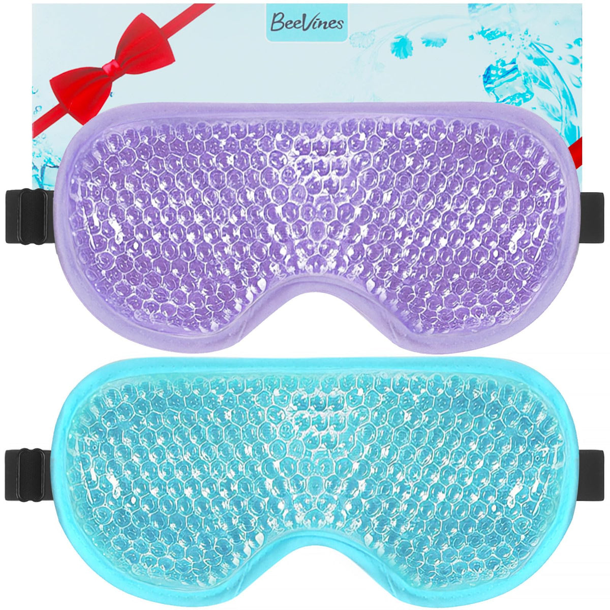 BeeVines front packaging showing two colored gel eye masks and benefits