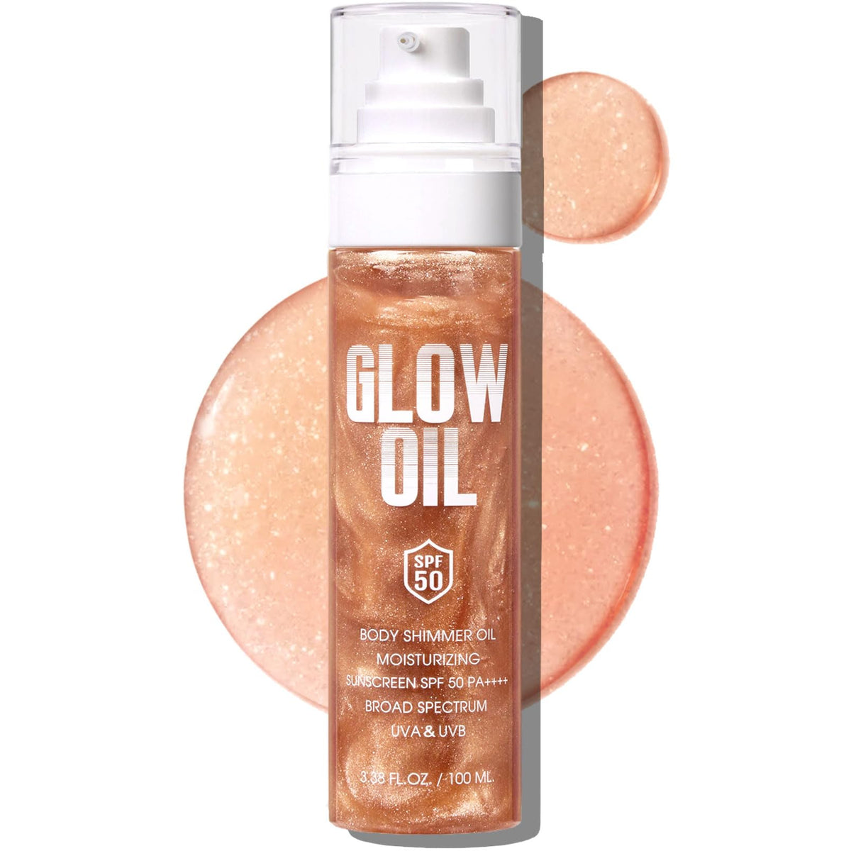 BEFIVECOK front bottle image shows SPF 50 body glow oil and shimmer benefit
