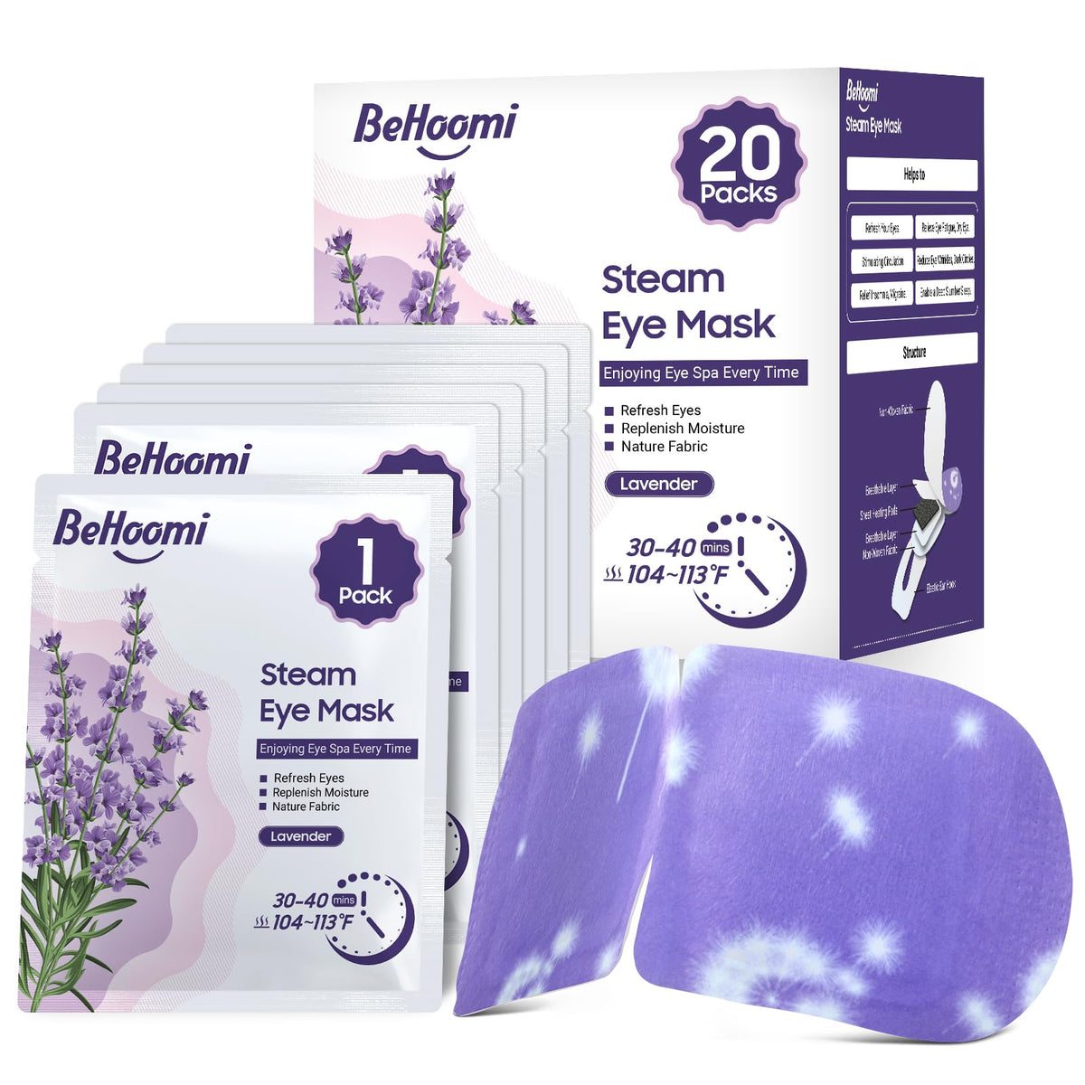 BeHoomi front packaging showing lavender 20-pack and benefits