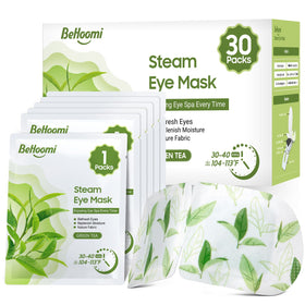 BeHoomi front packaging showing 30 green tea steam masks and clear labeling for easy selection