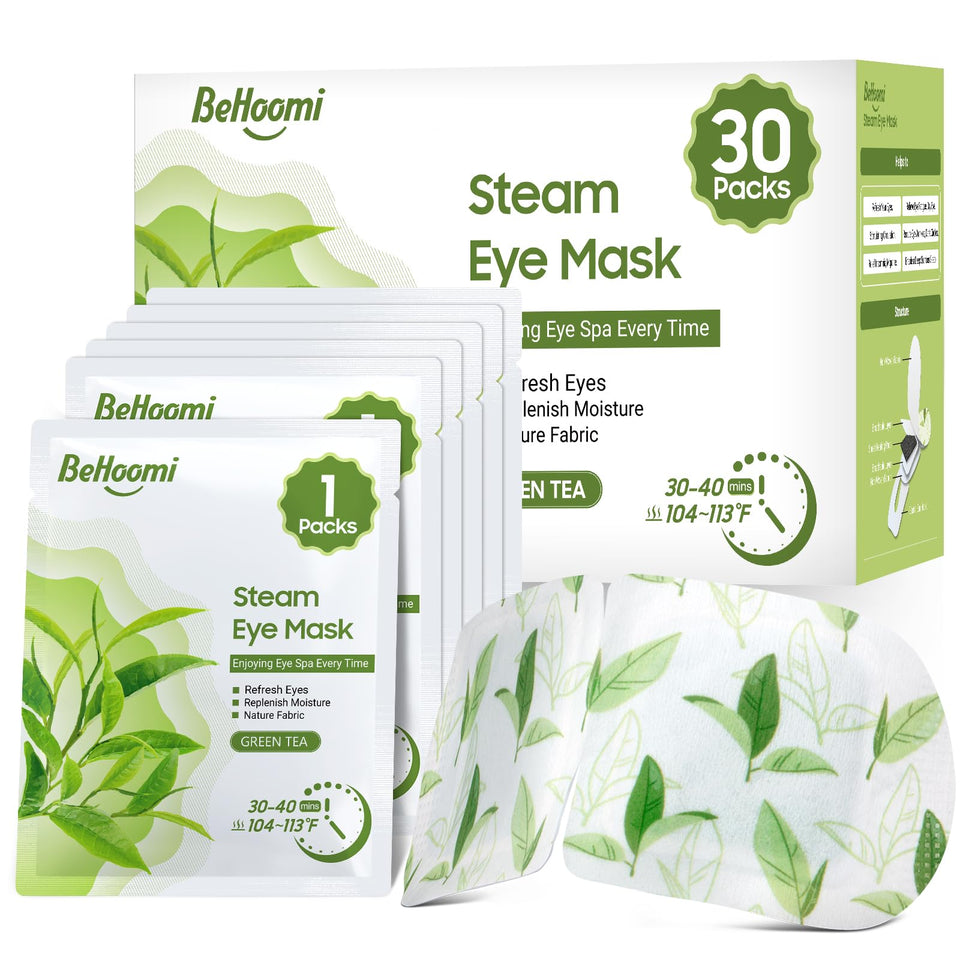 BeHoomi front packaging showing 30 green tea steam masks and clear labeling for easy selection