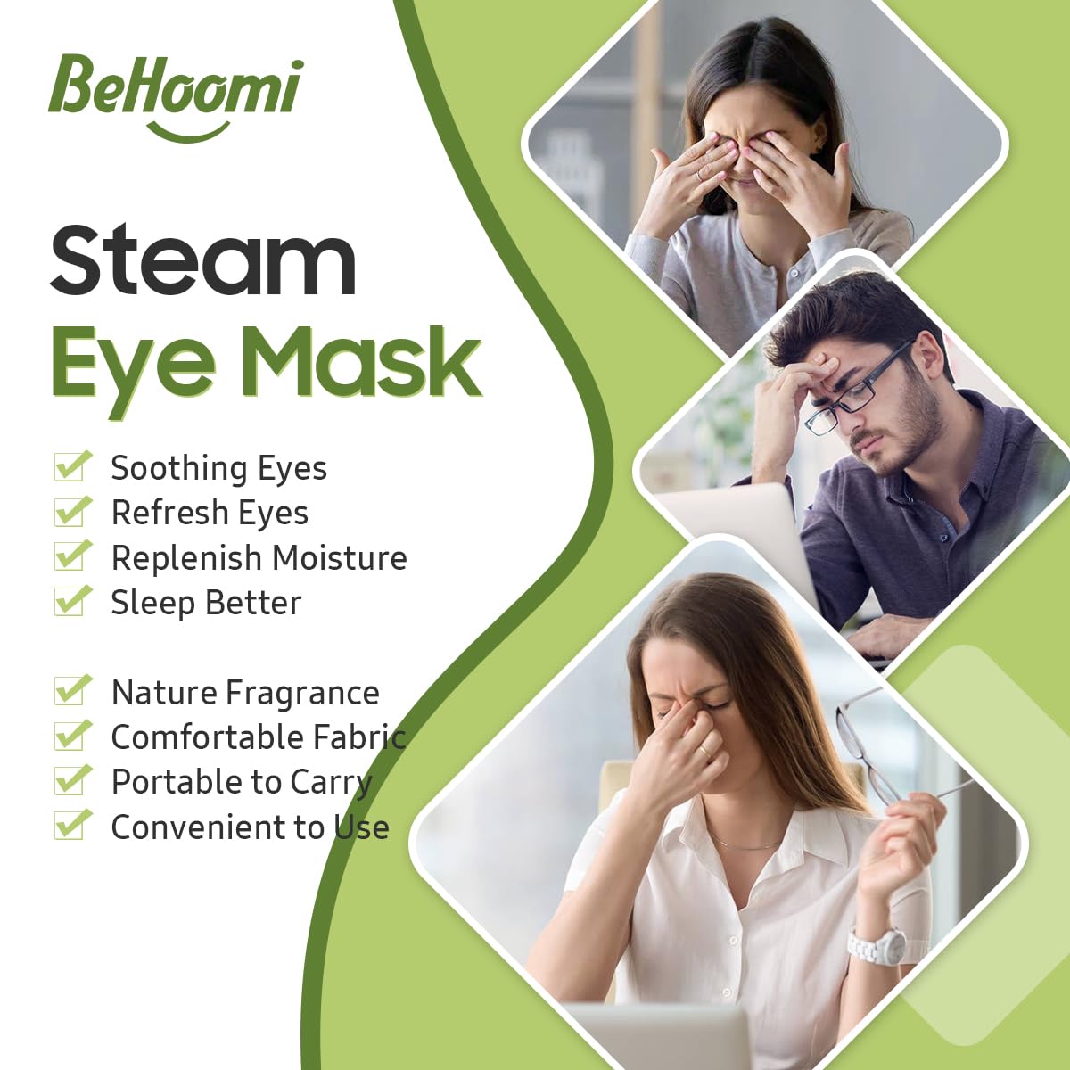 BeHoomi mask worn by a relaxed person demonstrating comfortable fit and calming warmth