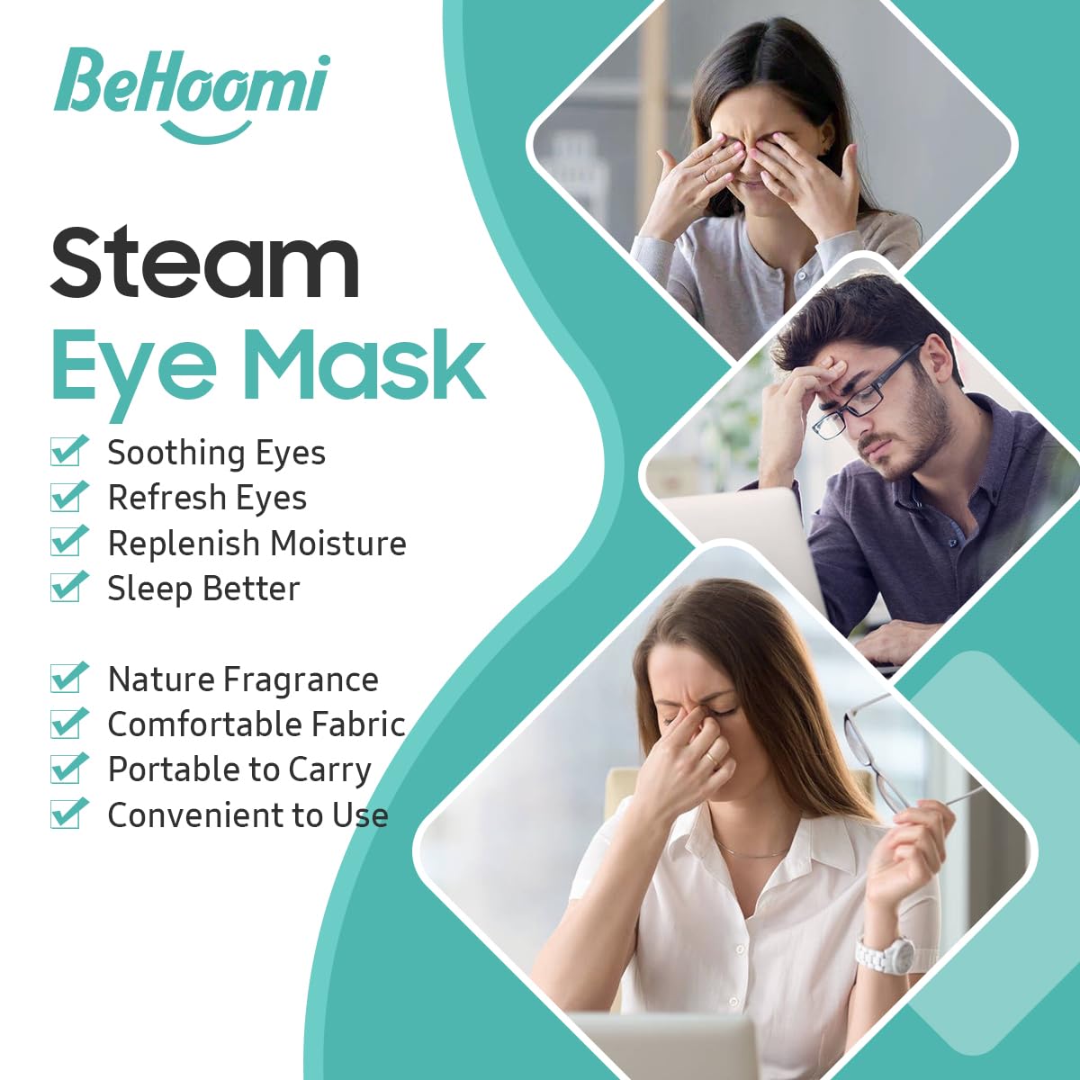 BeHoomi in-use on eyes demonstrating moist warmth for relaxation