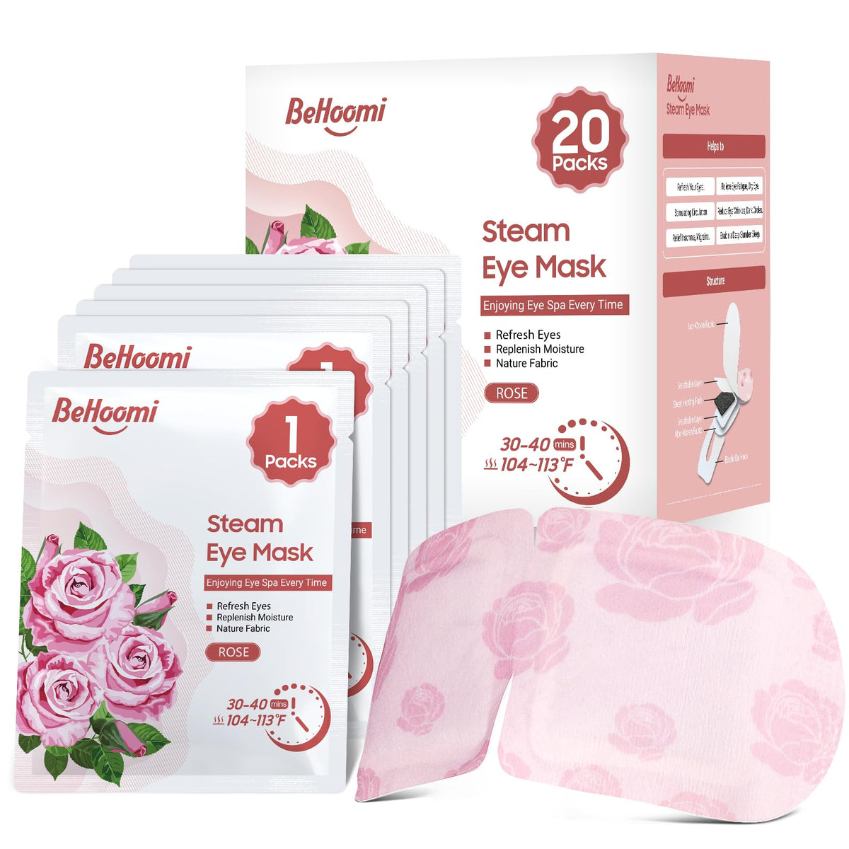 BeHoomi front packaging rose showing 20-pack and benefits