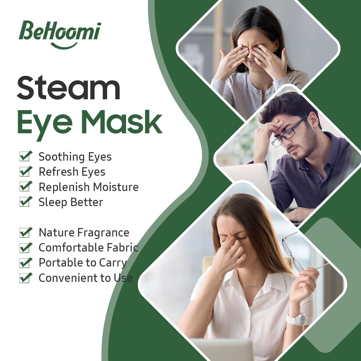 BeHoomi mask worn on model relaxing to demonstrate portable use