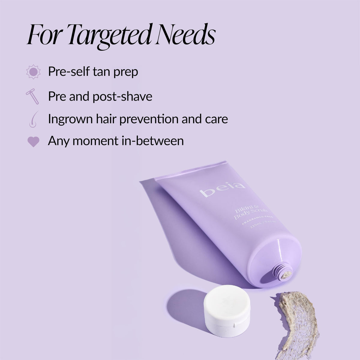 Applying Beia exfoliating body scrub along bikini line to reduce ingrown hairs