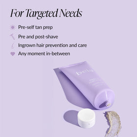 Applying Beia exfoliating body scrub along bikini line to reduce ingrown hairs