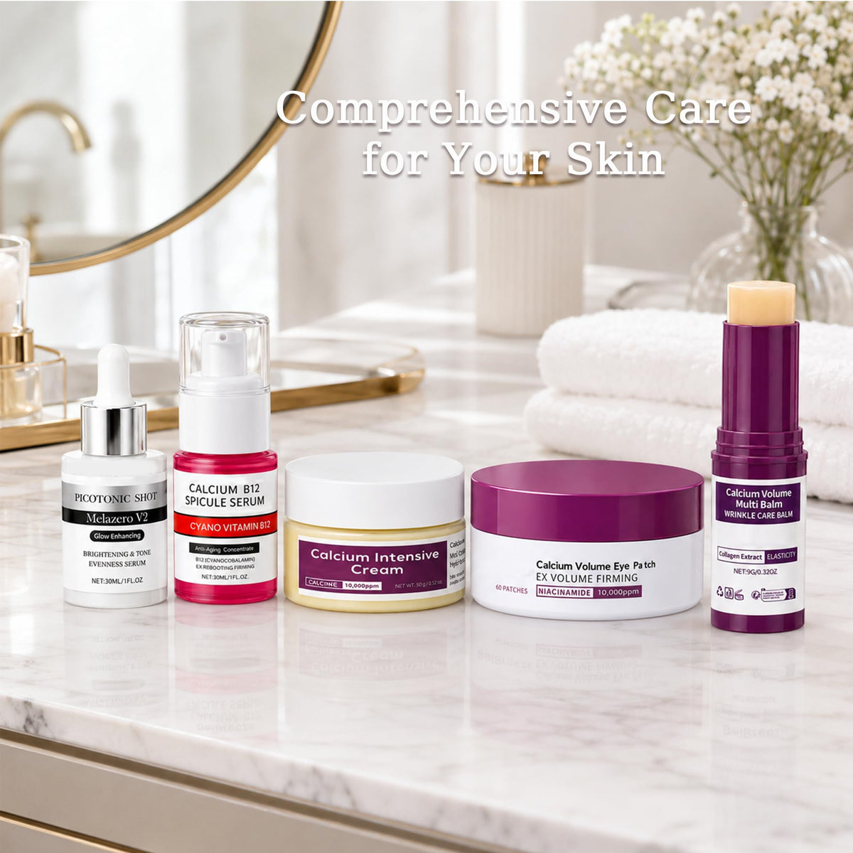 BeiBreeze lifestyle bathroom counter display showing an organized daily routine