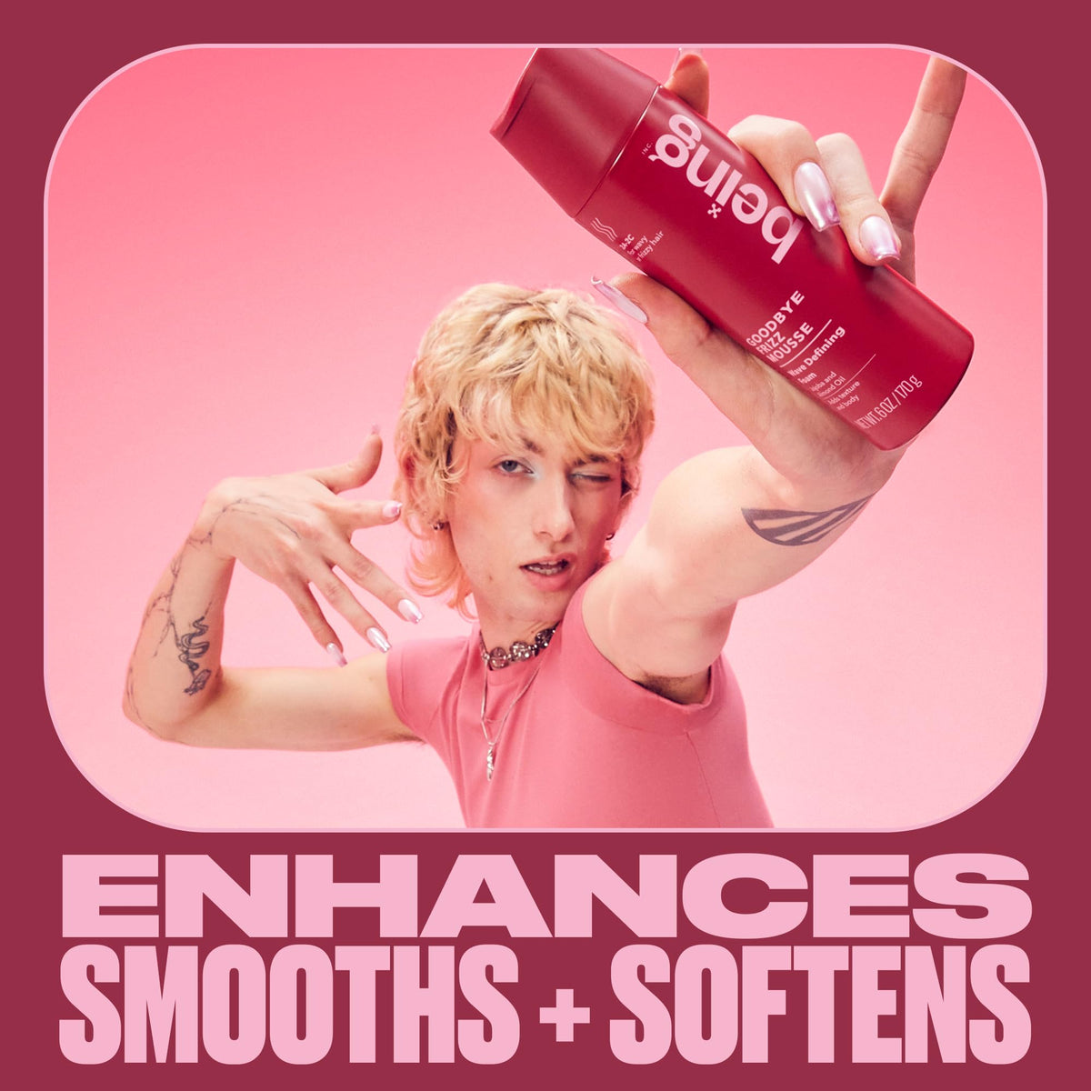 BEING hand applying mousse to damp hair showing easy distribution and control