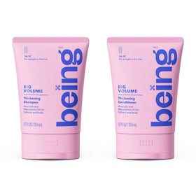 BEING INC front packaging showing volumizing shampoo and conditioner benefits