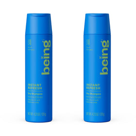BEING INC front packaging showing twin dry shampoo cans and branding benefit