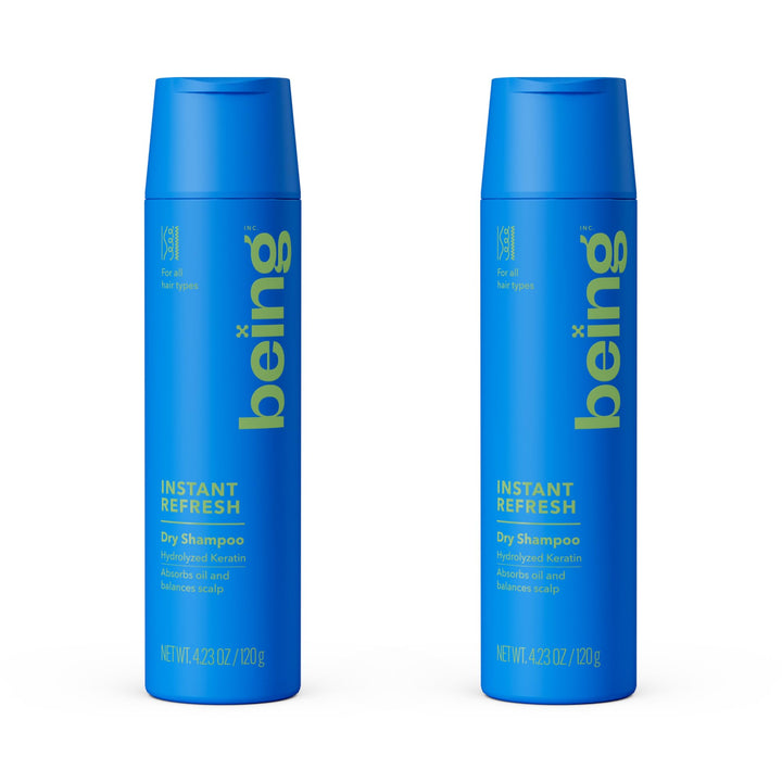 BEING INC front packaging showing twin dry shampoo cans and branding benefit