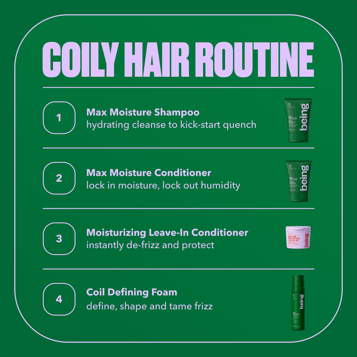 BEING INC lifestyle model with soft, shiny, well-defined coils