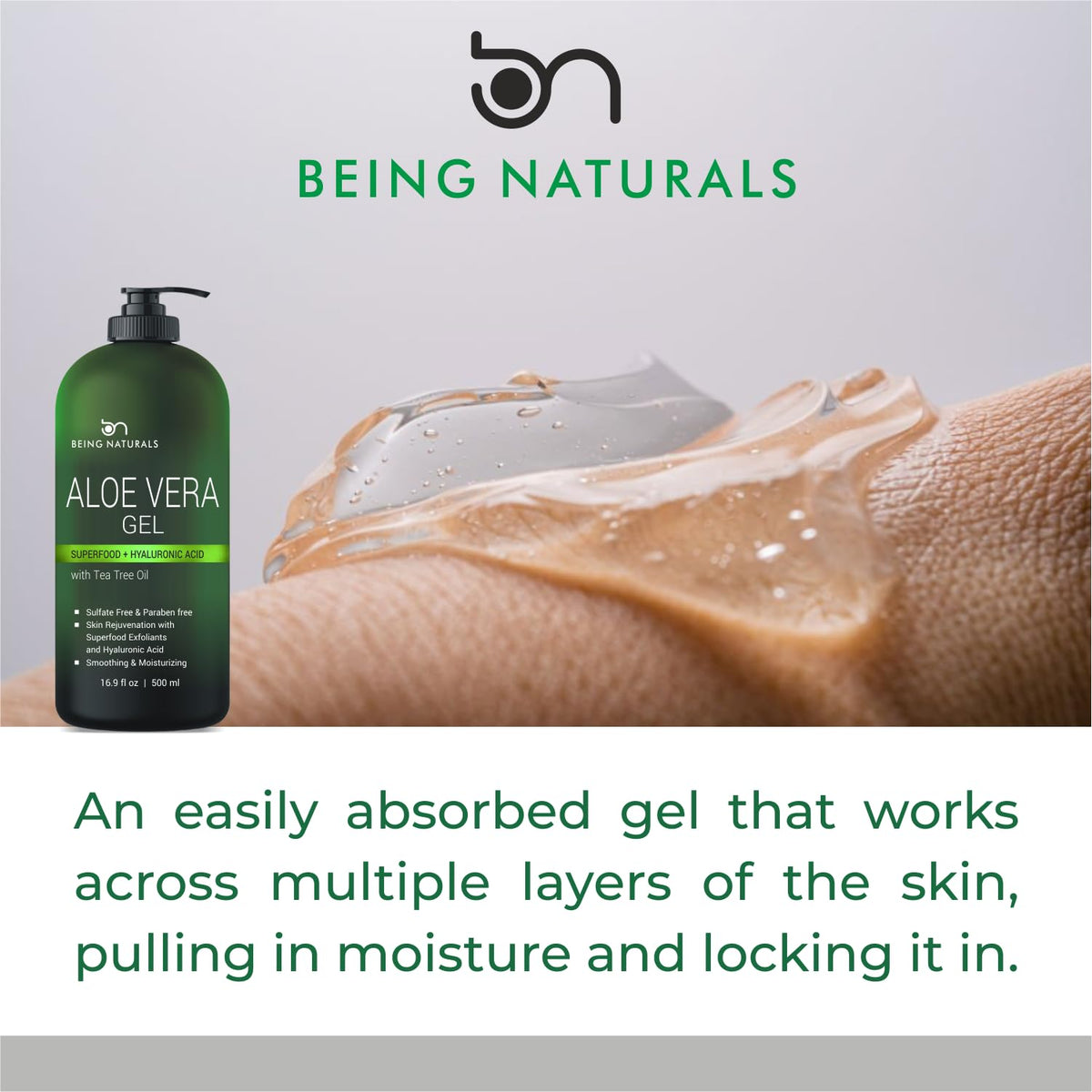 Being Naturals gel applied on hands demonstrating quick absorption benefit