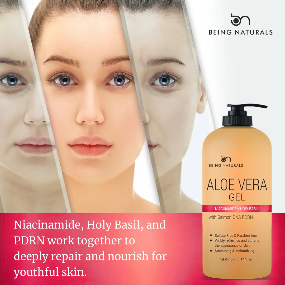 Being Naturals gel texture close-up highlighting smooth organic aloe consistency for fast absorption