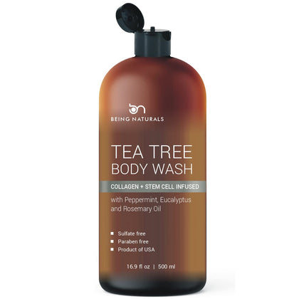 Being Naturals front packaging showing tea tree body wash benefit refreshing cleanse