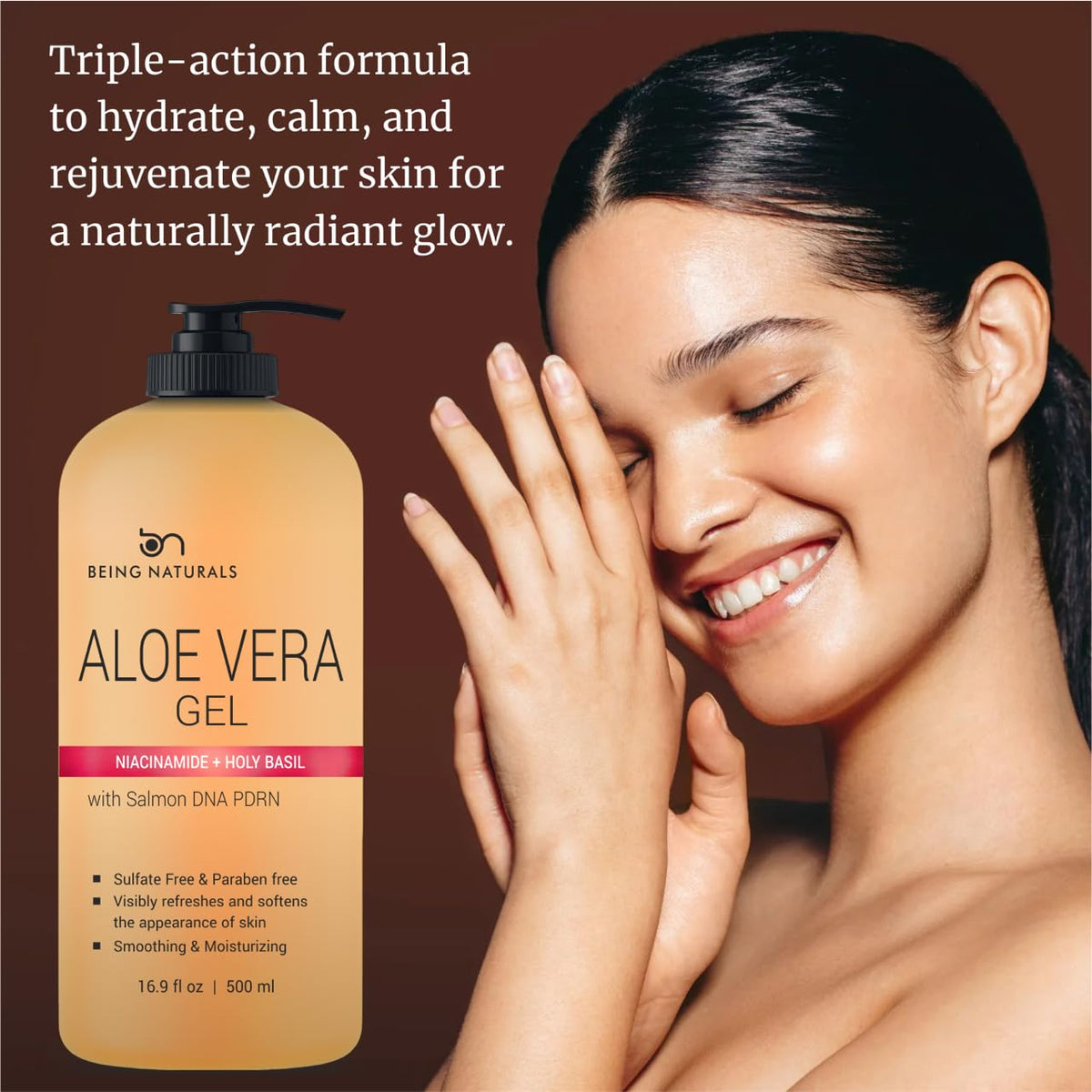 Being Naturals applied to damp hair illustrating frizz control and added shine without residue