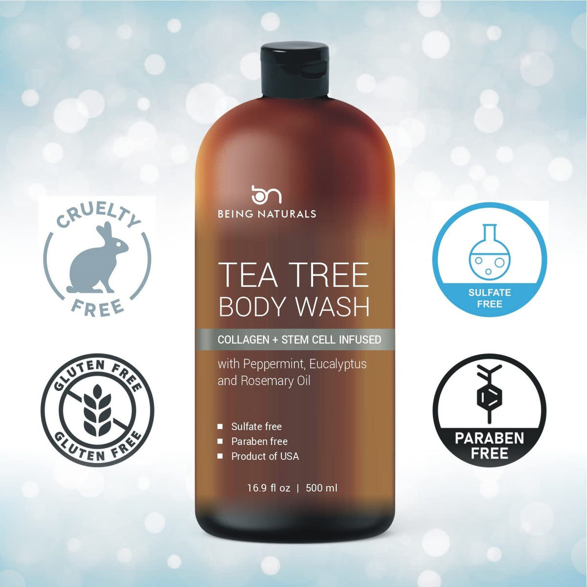 Being Naturals ingredient label with stem cells and tea tree for soothing care