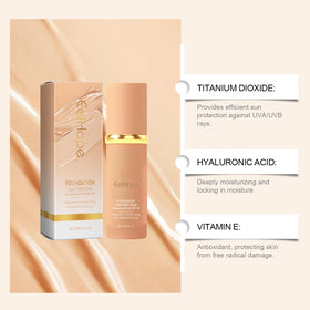Bekoeen foundation held in hand showing 30ml size and travel-friendly benefit