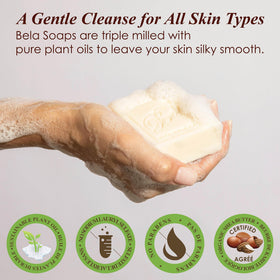 BELA producing rich lather in hand for gentle moisturizing cleanse