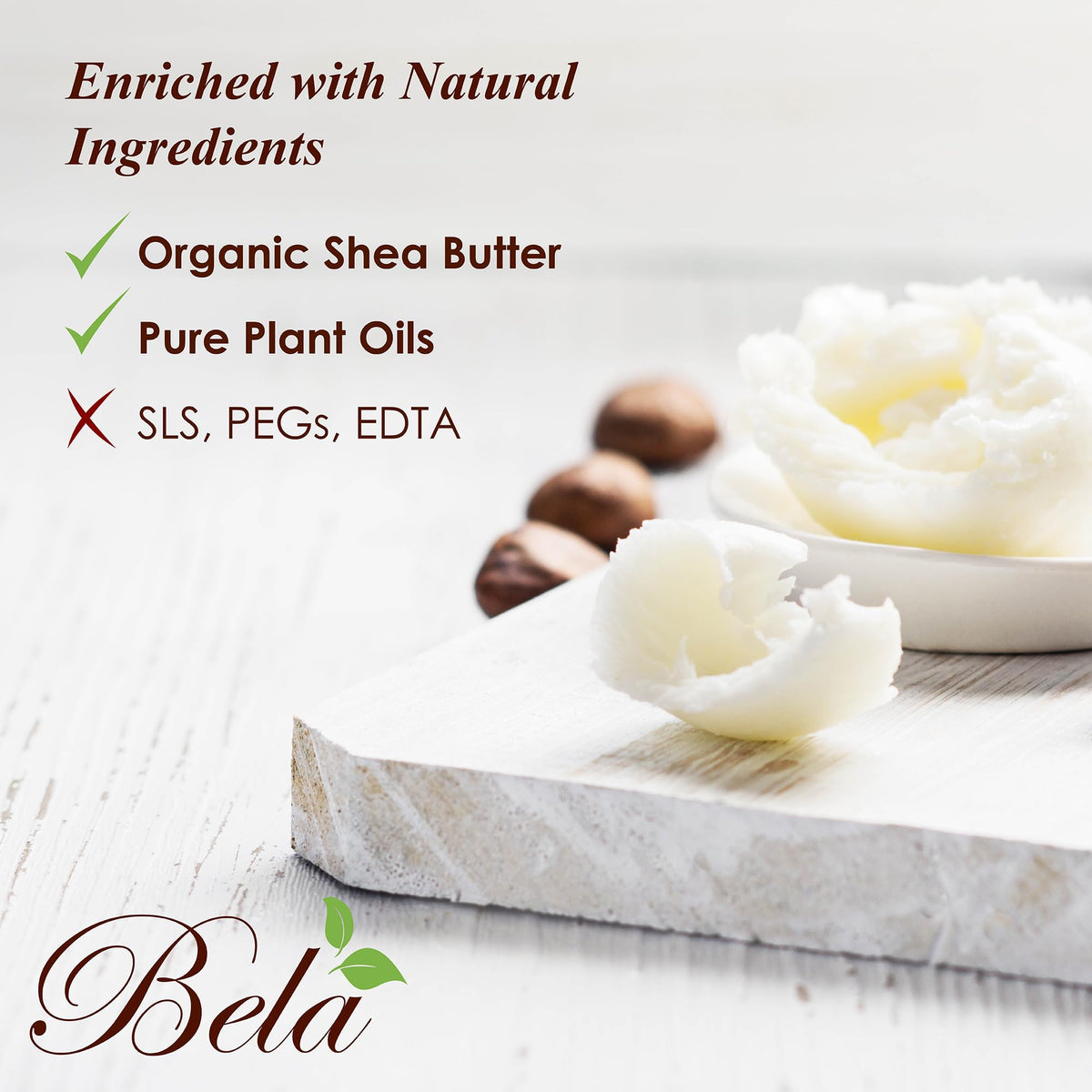 BELA sandalwood ingredient label close-up showing shea butter and plant oils for moisturization