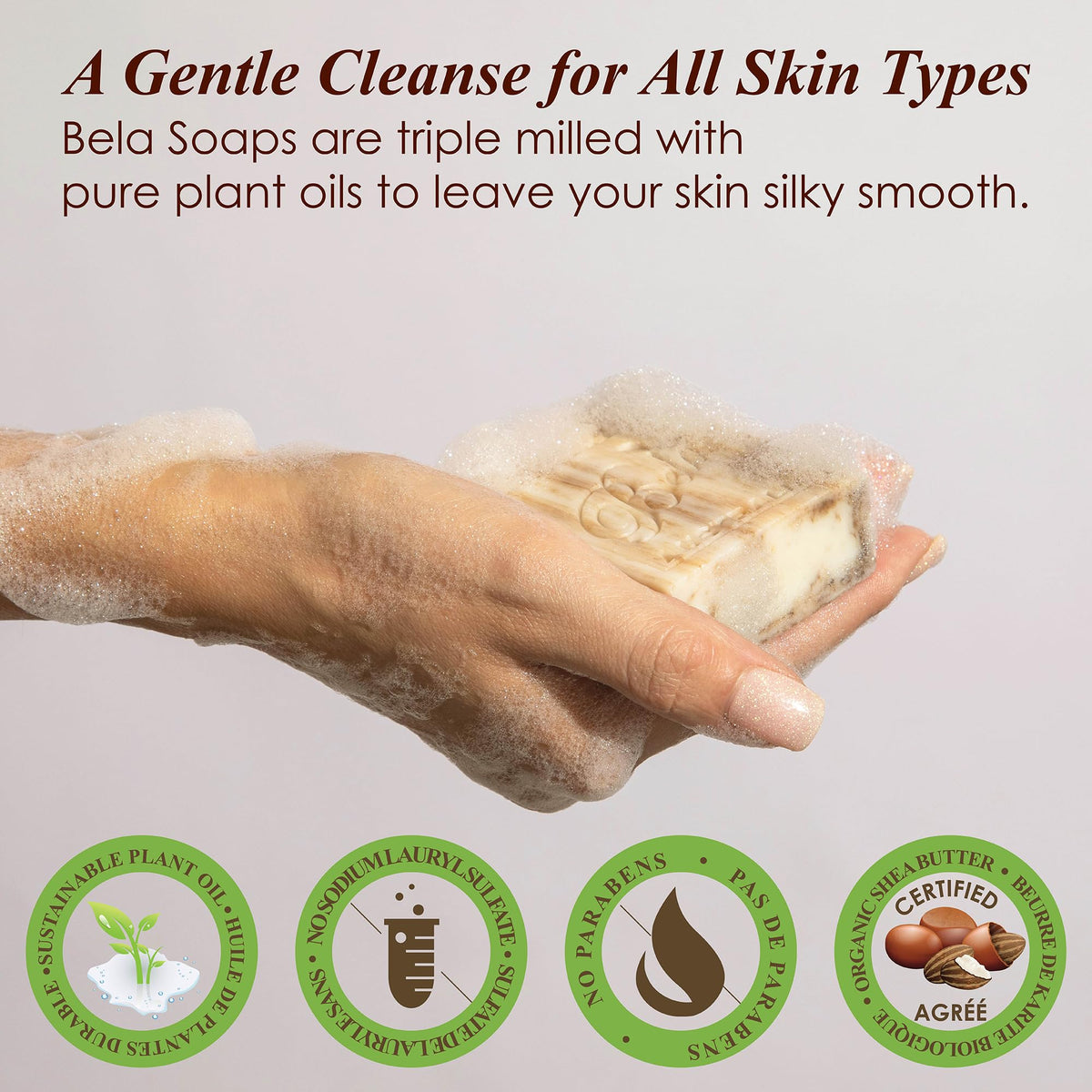 BELA sandalwood bar producing rich lather in hand demonstrating gentle, moisturizing cleanse