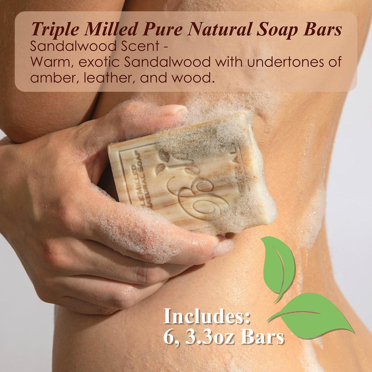 BELA sandalwood soap texture close-up highlighting smooth triple-milled surface and creamy finish