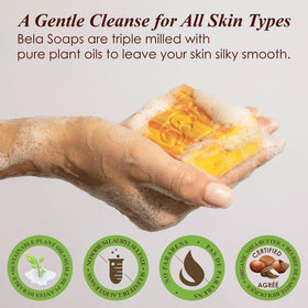BELA soap lather in hand demonstrating creamy rich foam and gentle cleanse