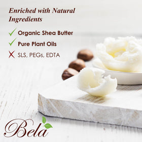 BELA soap bar next to coin showing 3.3 oz size and compact durability