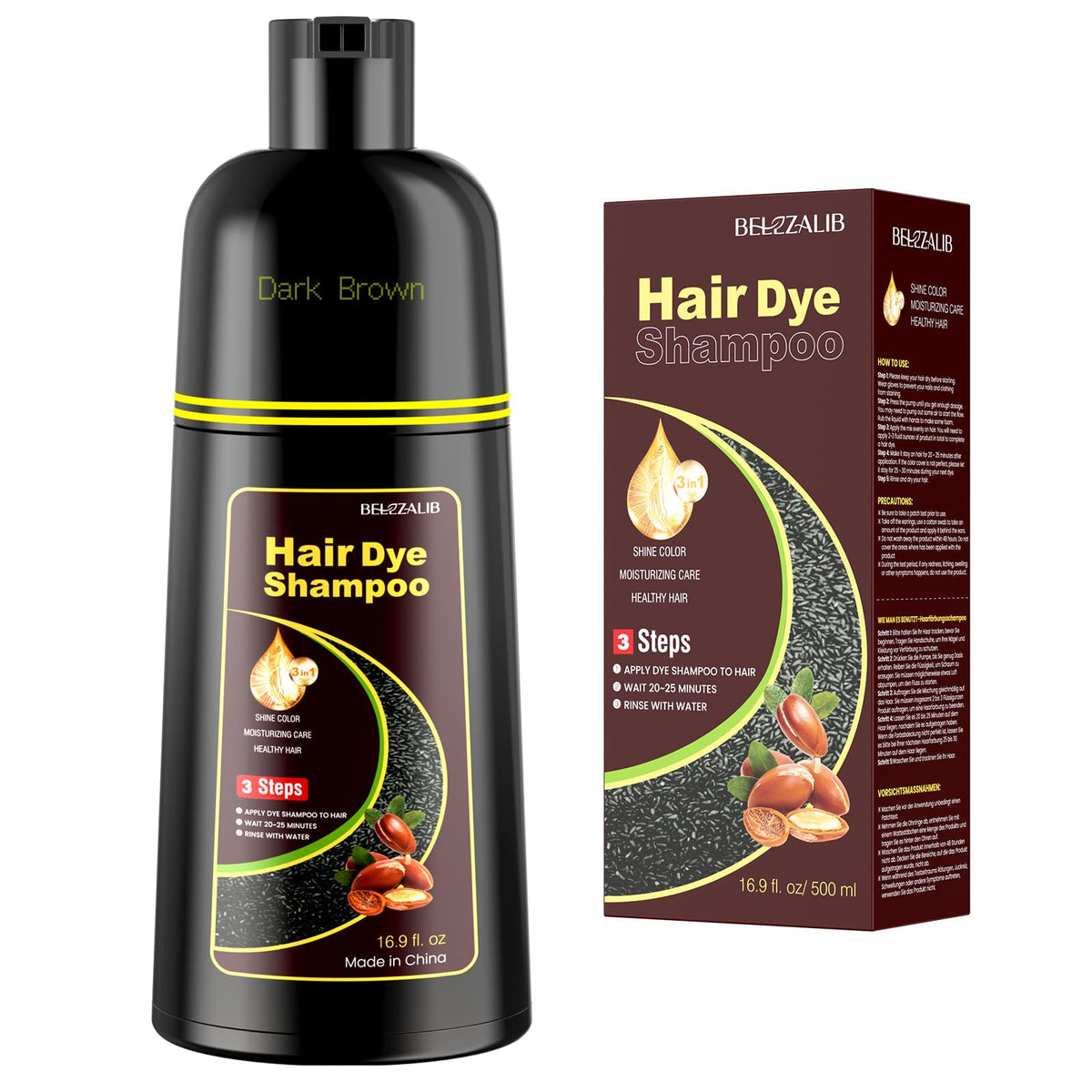 BELEZALIB front bottle showing dark brown shampoo color and clear branding benefit convenience