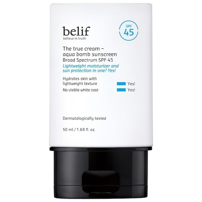 belif front packaging showing SPF 45 protection and size, ideal travel SPF