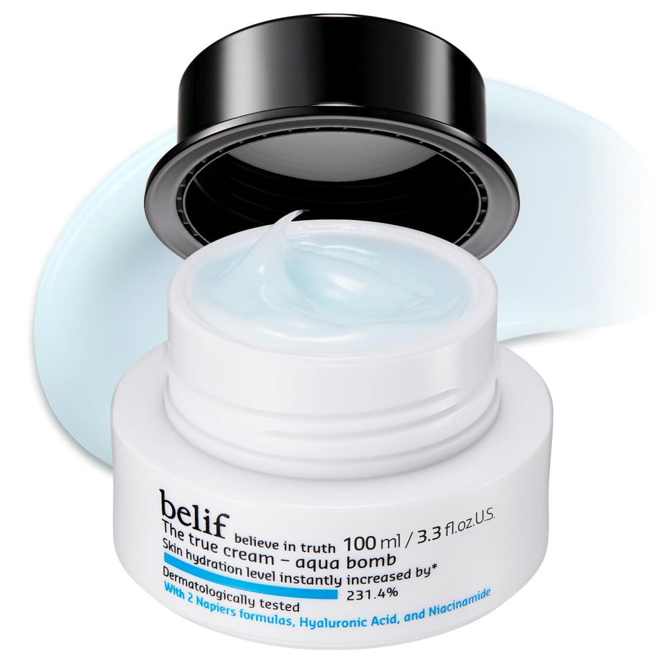 belif front jar packaging showcasing product and brand hydration benefits