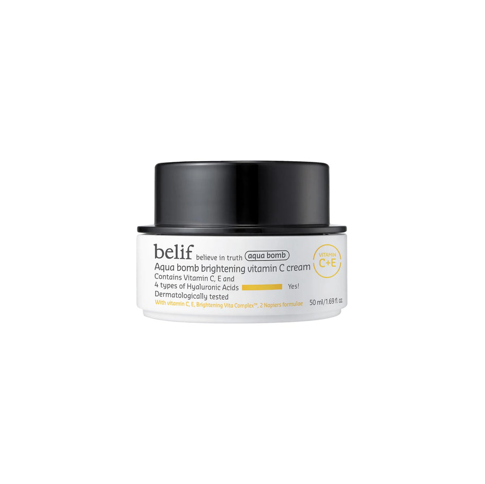 belif front packaging showing Aqua Bomb Vitamin C jar and hydrating benefit