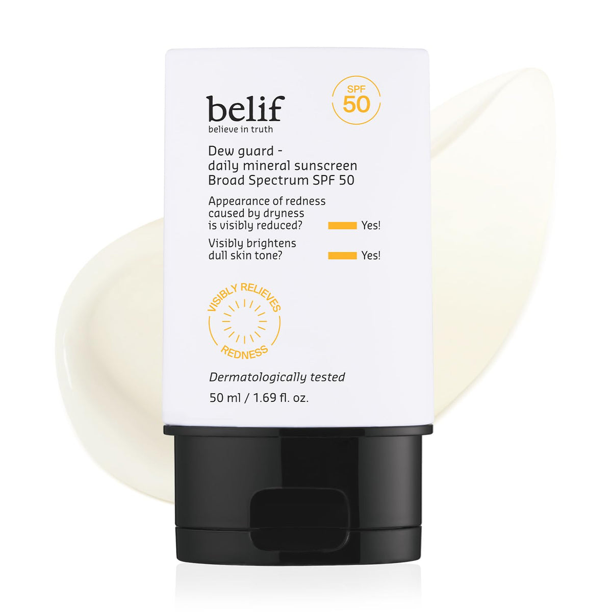 belif front packaging showing SPF 50 and calming benefit