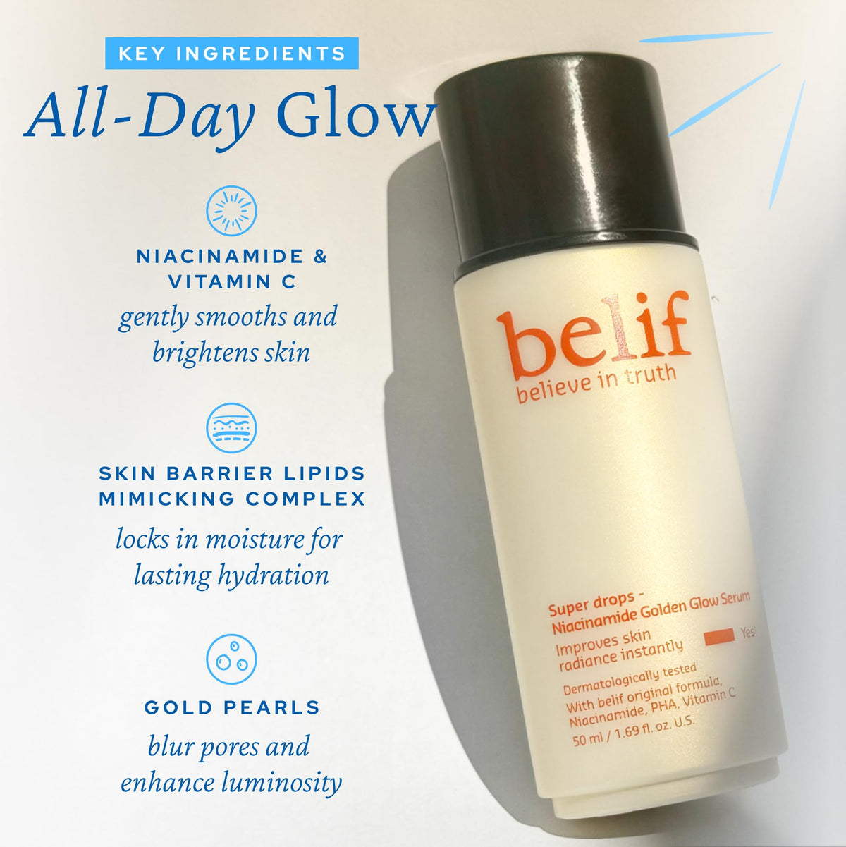 belif face before and after shot showing visible luminous finish