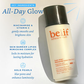 belif face before and after shot showing visible luminous finish