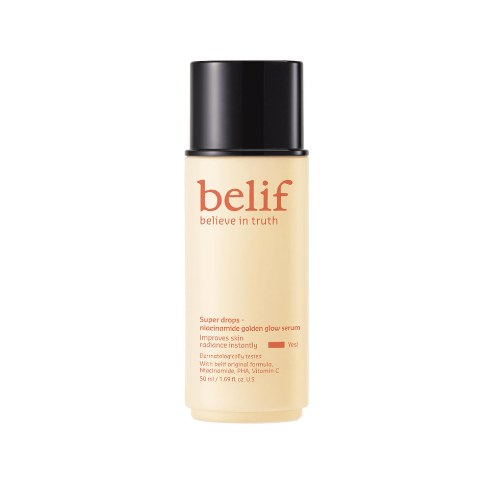 belif front packaging vial showing elegant bottle and glow benefit