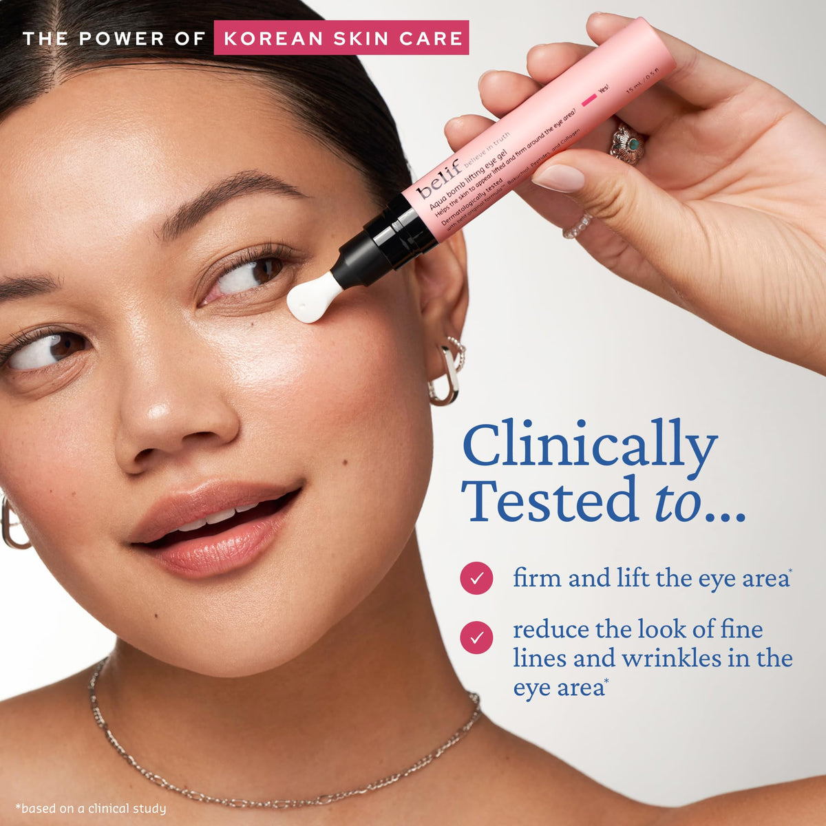 belif in hand scale displaying compact tube size for travel-friendly firming benefit