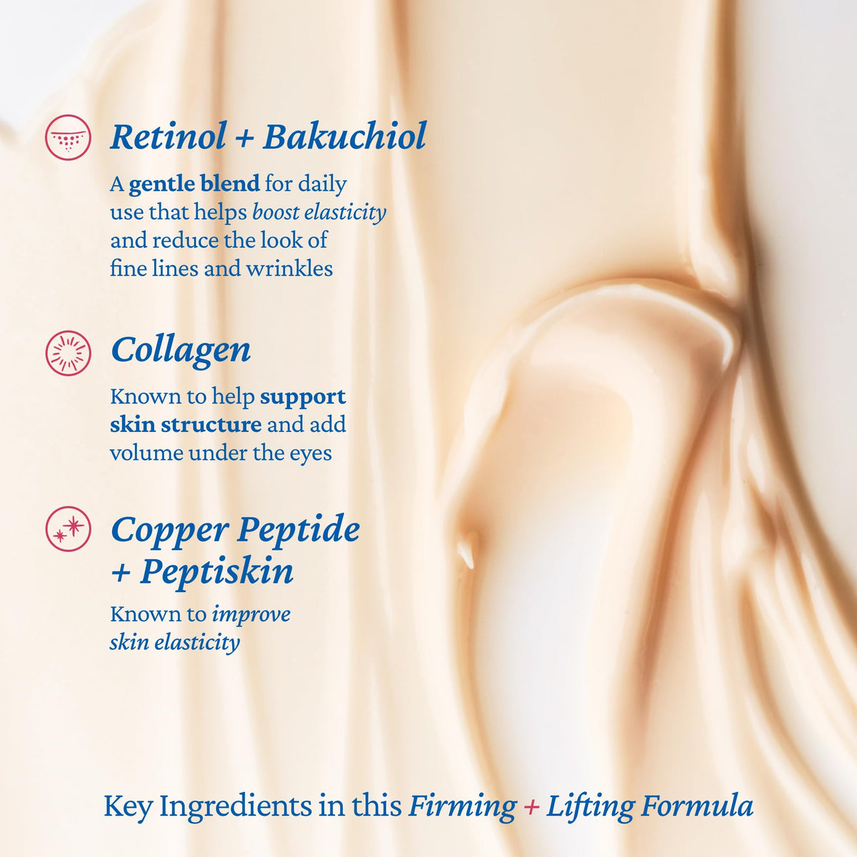 belif label ingredients panel highlighting bakuchiol, peptides and collagen for firmer skin