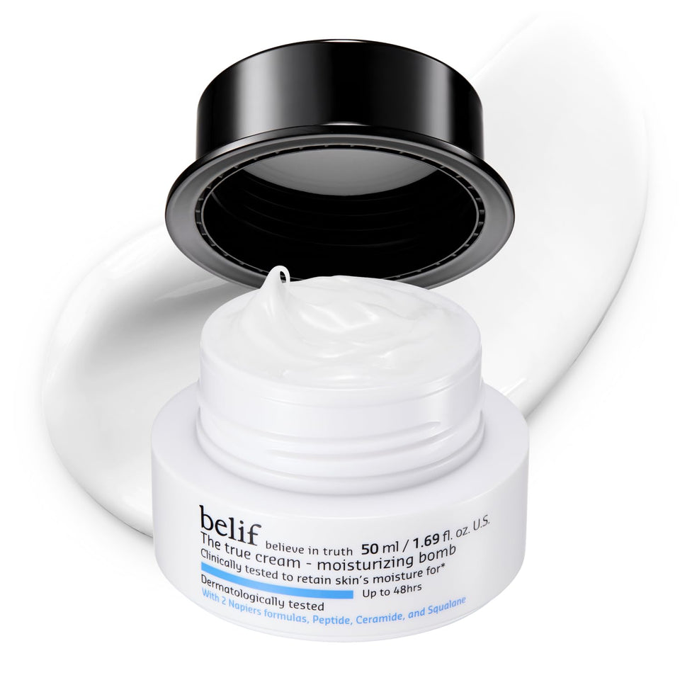 belif front packaging showing jar and label, highlights hydration benefits