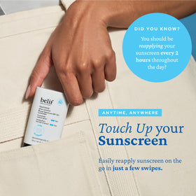 belif sunstick inside travel pouch emphasizing reapplication convenience outdoors