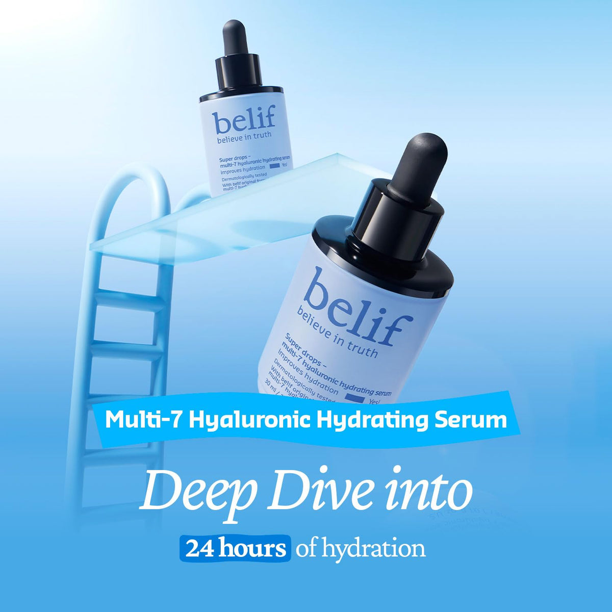 belif styled on bathroom shelf suggesting daily routine hydration boost