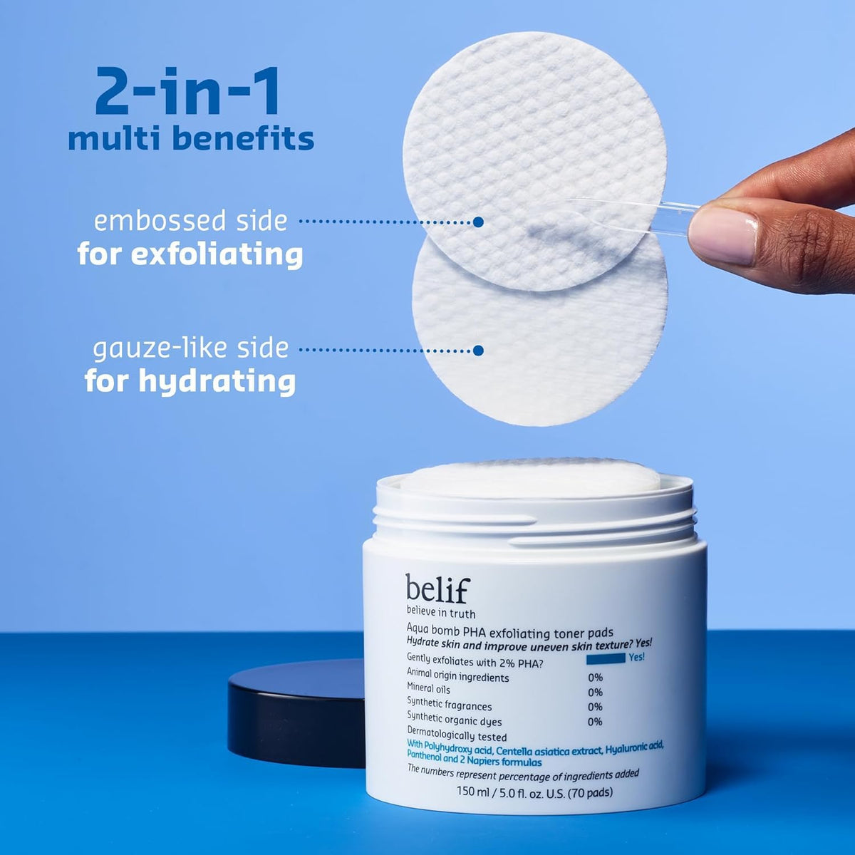 belif pad beside ruler shows 70-count size and travel convenience