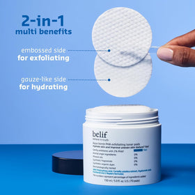 belif pad beside ruler shows 70-count size and travel convenience